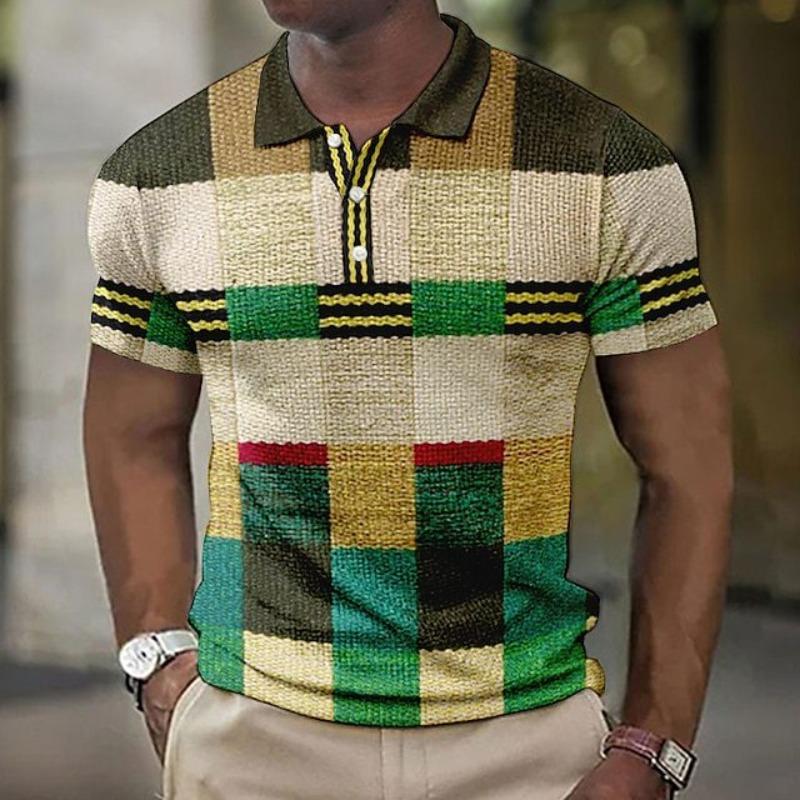 Independent Station Summer Men's Polo Shirt Button Plaid Pattern Printing Geometric Pattern D Digital Printing Trend