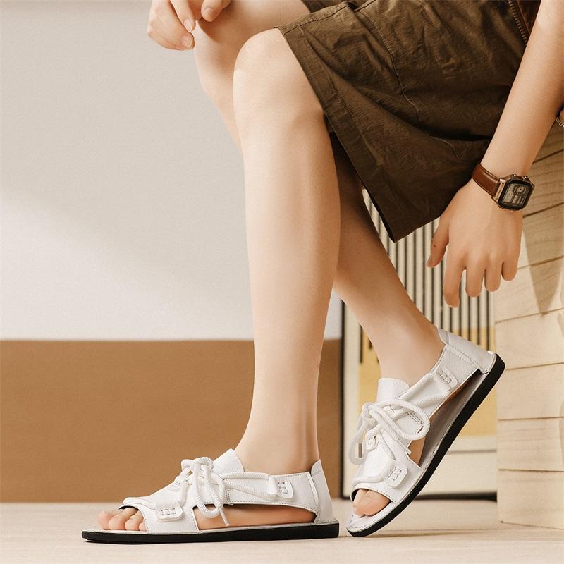 Men Handmade Simple Flats Brown Sandals Summer Roman Sandals Black white Leather Beach Shoes Plus Size