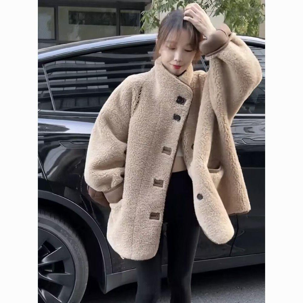 Women's Thick Shearling Stand Collar Jacket - Autumn/Winter, Loose Fit, Warm, Slimming Style