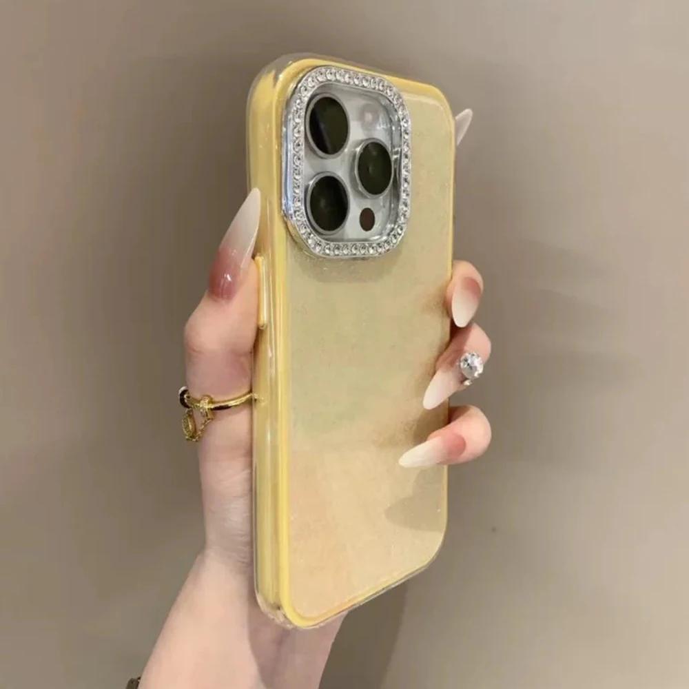 

3 IN 1 Bling Glitter IMD Candy Color Phone Case For iPhone 17 16 15 14 13 12 11 Pro Max Diamond Camera Protector Shining Cover For iphone 11 Promax жовтий