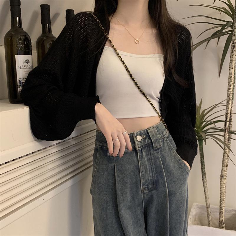 2024 Summer Light Knit Cardigan: Thin Loose Shrug with Lantern Sleeves, Airy Sun Protection Cover-Up, Short Top Jacket.