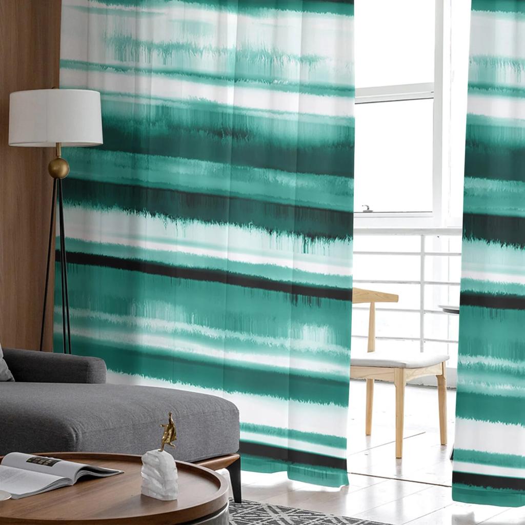Watercolor Stripe Gradient Green Bedroom Transparent Sheer Curtains Holiday Decoration Window Voile Tulle Curtain