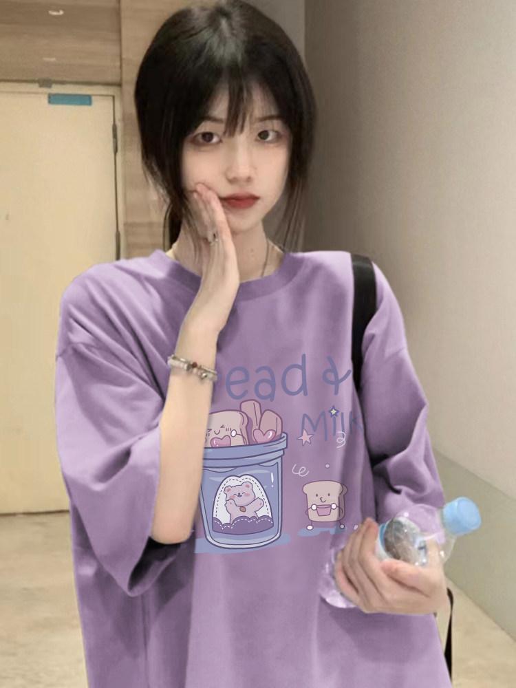 Japanese Cute Plus Size Purple Printed Cotton T-Shirt for Women - Loose, Short Sleeve, Summer Style