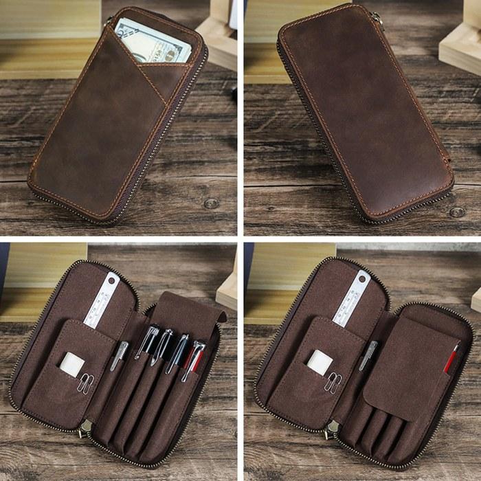 VELAJA Pen Case Leather Pencil Case Crazy Horse Leather 4-Pen Storage Handmade Multi-Function Sharpener Core Holder Student ID Pocket Adult
