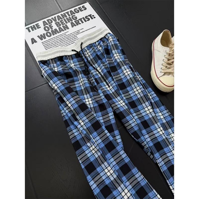 Eean summer sports thin fitcl ice silk navy blue casual plaid pants men's straight pants comfortable American versatile
