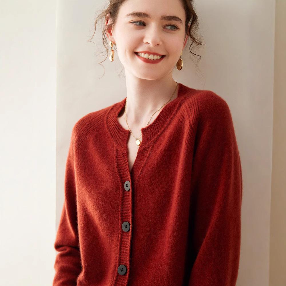 Women's Cashmere Round Neck Cardigan - 2024 Autumn/Winter Collection, Thickened Raglan Loose Knit Sweater, Versatile Outerwear.