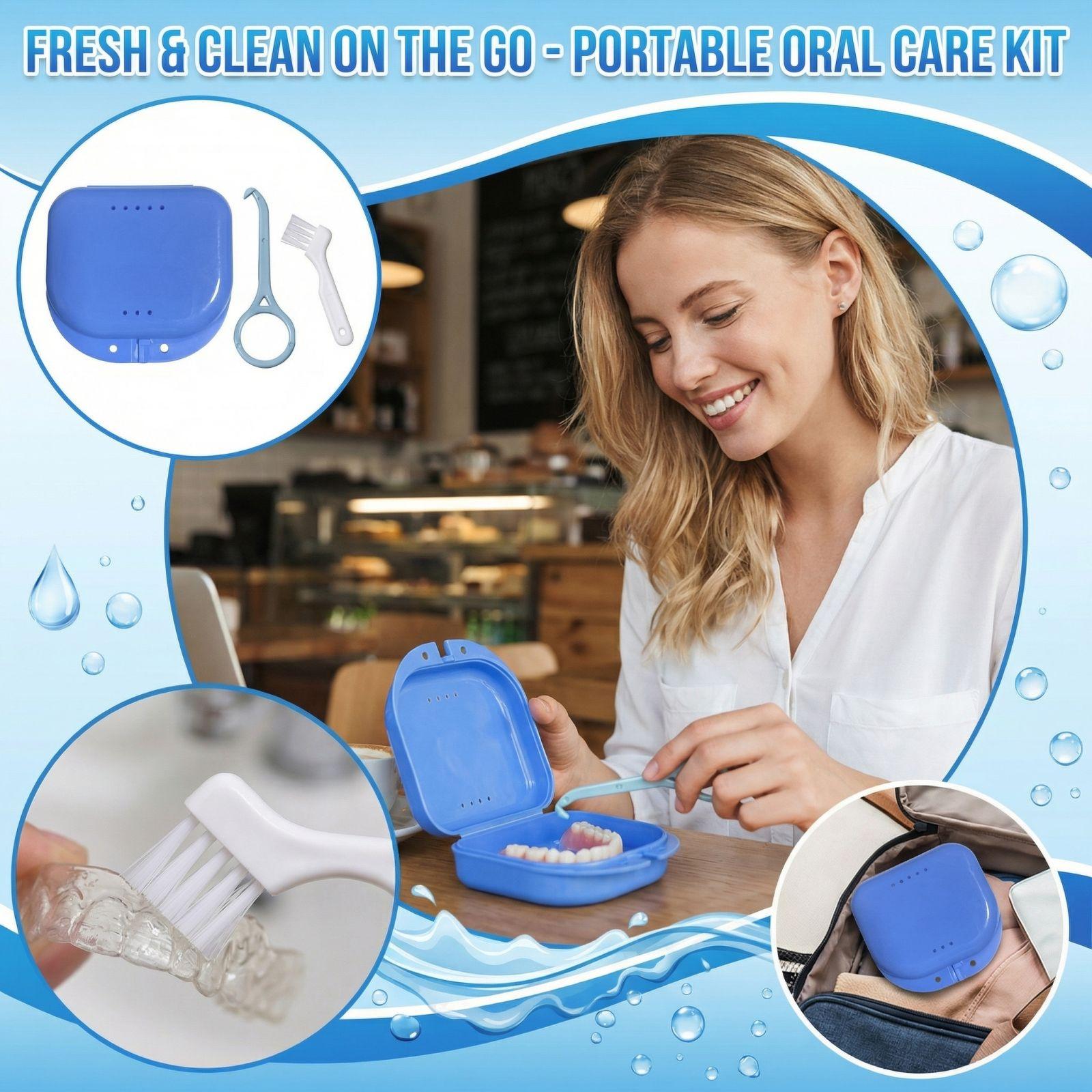 

Portable Denture Cleaning Case Denture Storage Box with Cleaning Brush and Removal Tool Compact Design for Denture Care and Hygiene синий