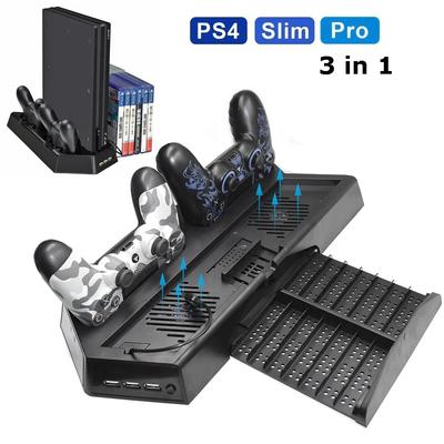 PS4 Slim Pro Vertical Stand with 14 Game Slots and 3 Additional USB Ports Built In 2 Highspeed Silent Cooling Fans, Can Be Used for Data Transfer