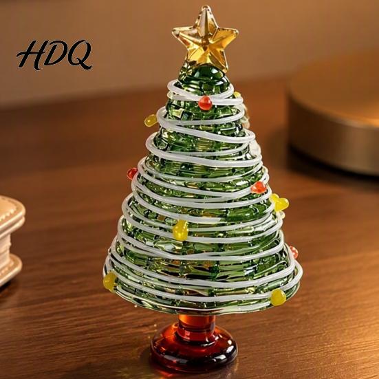 Small Christmas Ornament for Desk Glazed Tree Figurine Colorful Miniature Xmas Decor Handcrafted Glass Craft Display Table Centerpiece Home