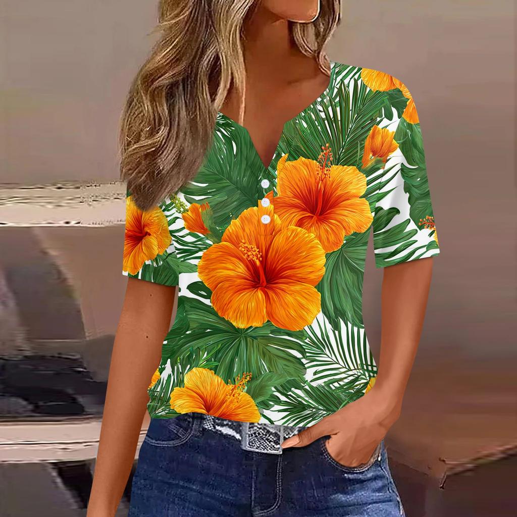 Women's fashionable casual Hawaiian print V-neck short-sleeved button-down T-shirt top