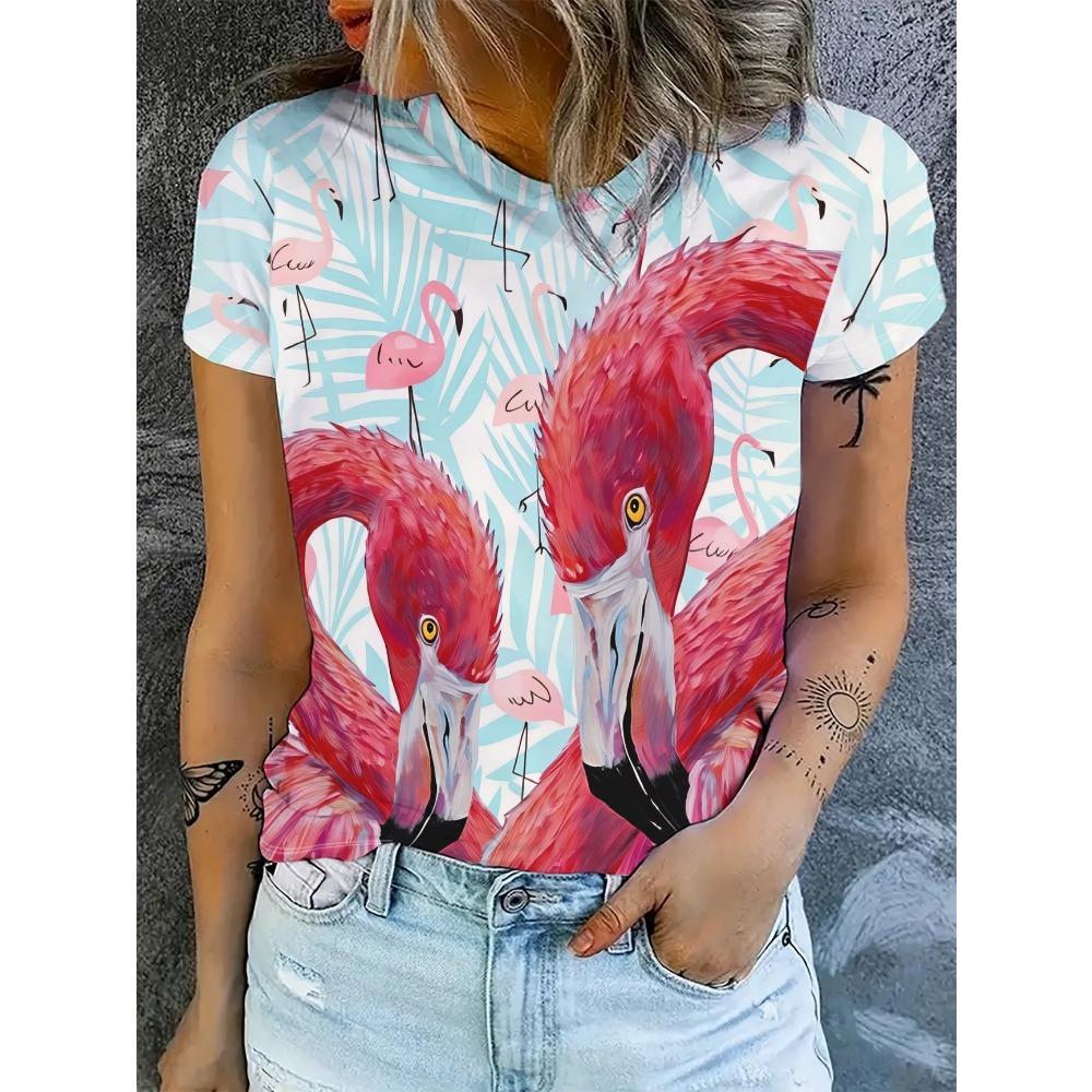 Watercolor Flamingo Tropical Tshirt Women Casual Short Sleeve Crew Neck Summer Beach Vacation Graphic Tee Funny Daily Wear