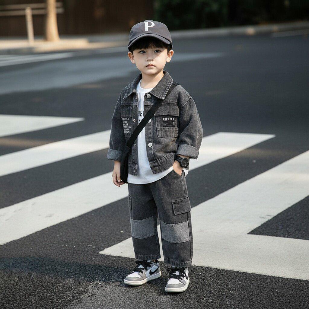 Set di tre pezzi alla moda in denim con cappuccio per bambini: Elegante Outfit Primavera/Autunno per Neonati Maschi 2026