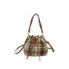 Woolen Drawstring Bucket Bag Women's 2025 Autumn and Winter New Plaid Shoulder Bag Versatile Casual Messenger Bag Commuter Bag