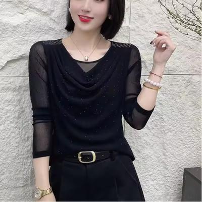 Women's Spring Stacked Collar, Hot Diamond Concealed Belly, Age Reducing Long Sleeve Top, Mother's Solid Color Design, Temperament Commuter Top