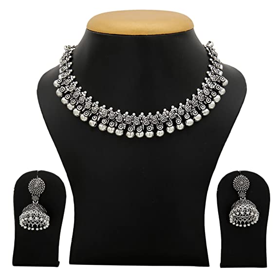 Oxidised Silver Plated Necklace Set with Earrings for Women