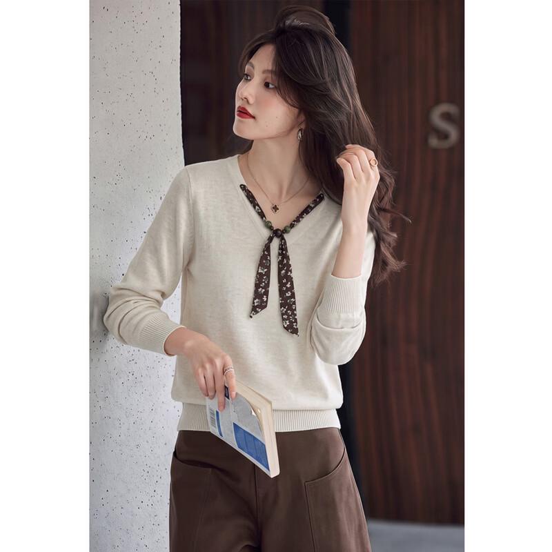 Xinfeiyu Wool-Blend Retro V-Neck Knitted Sweater with Scarf Detail