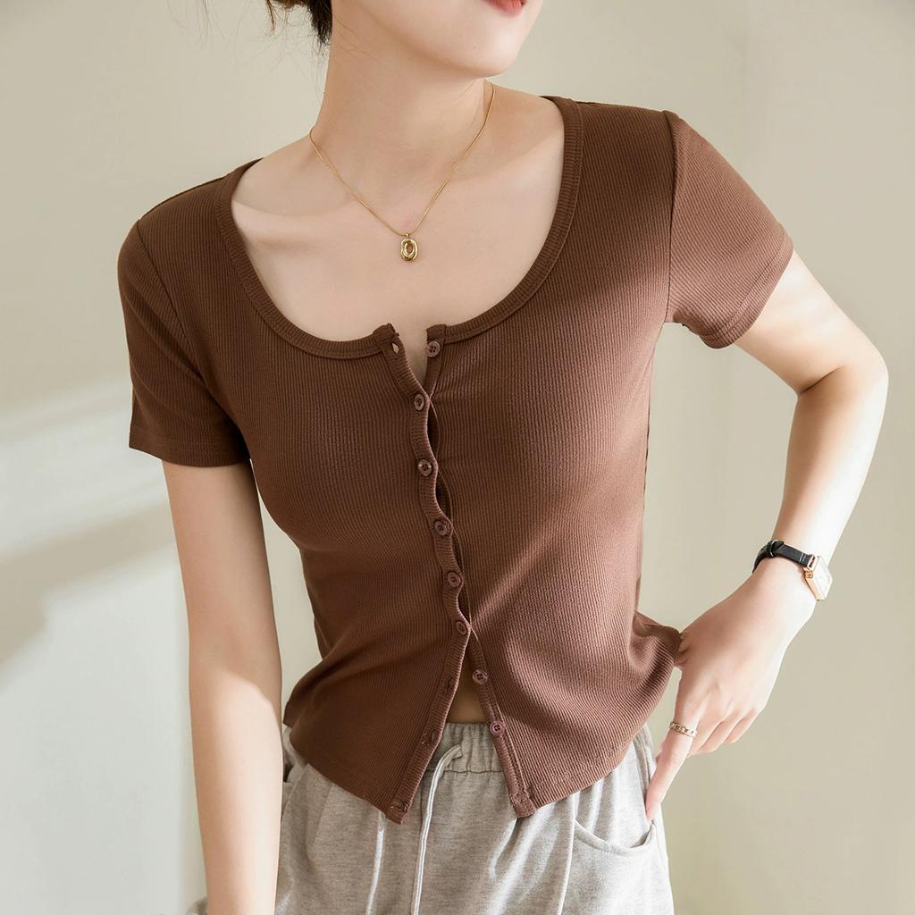 Women's Summer Slim Short Sleeve Single Row Button T-Shirt Solid Color High Waist Elegant Top