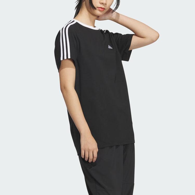 Adidas Essentials 3-Stripes T-Shirt Color Block Sports Casual Short Sleeve Print Drop Shoulder T-Shirt Women Tops Black JI6977
