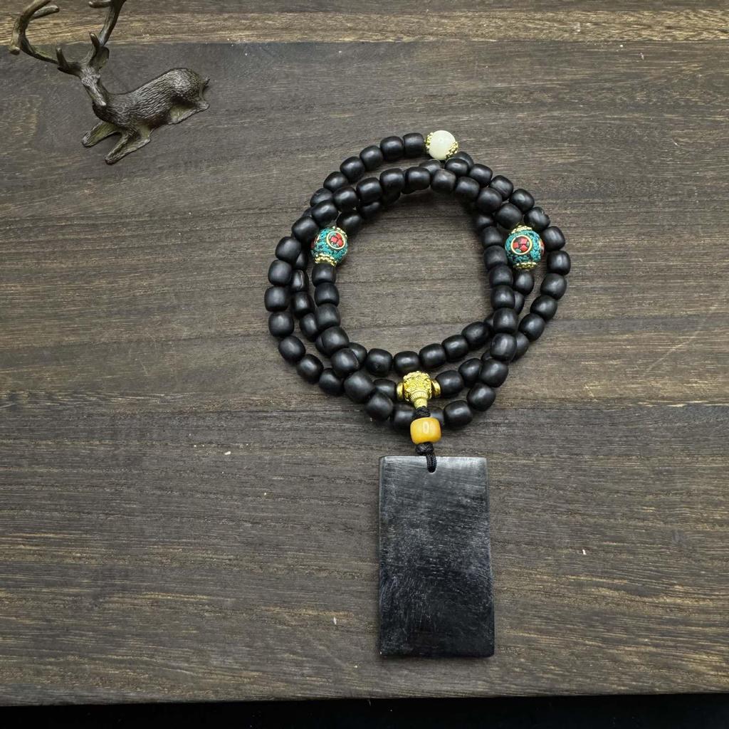 Tibetan Sheep Horn & Black Donkey Hoof Bead Bracelet/Necklace with Round Bead Accessories for Men and Women