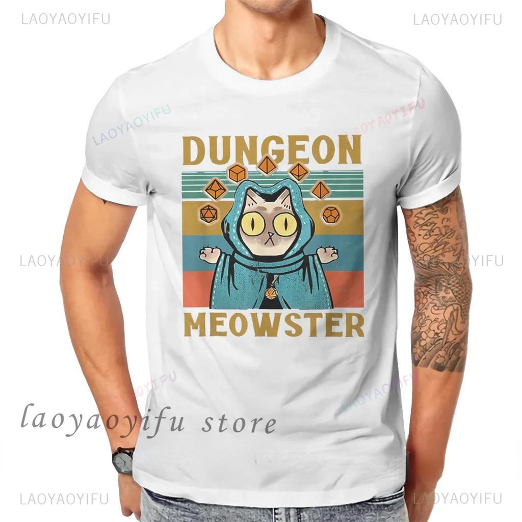 Kawaii Dungeon Meowster Classic T Shirt Retro DnD Game Fabric Graphic Tshirts Unisex Summer Commuter Cotton Clothes Ropa Hombre