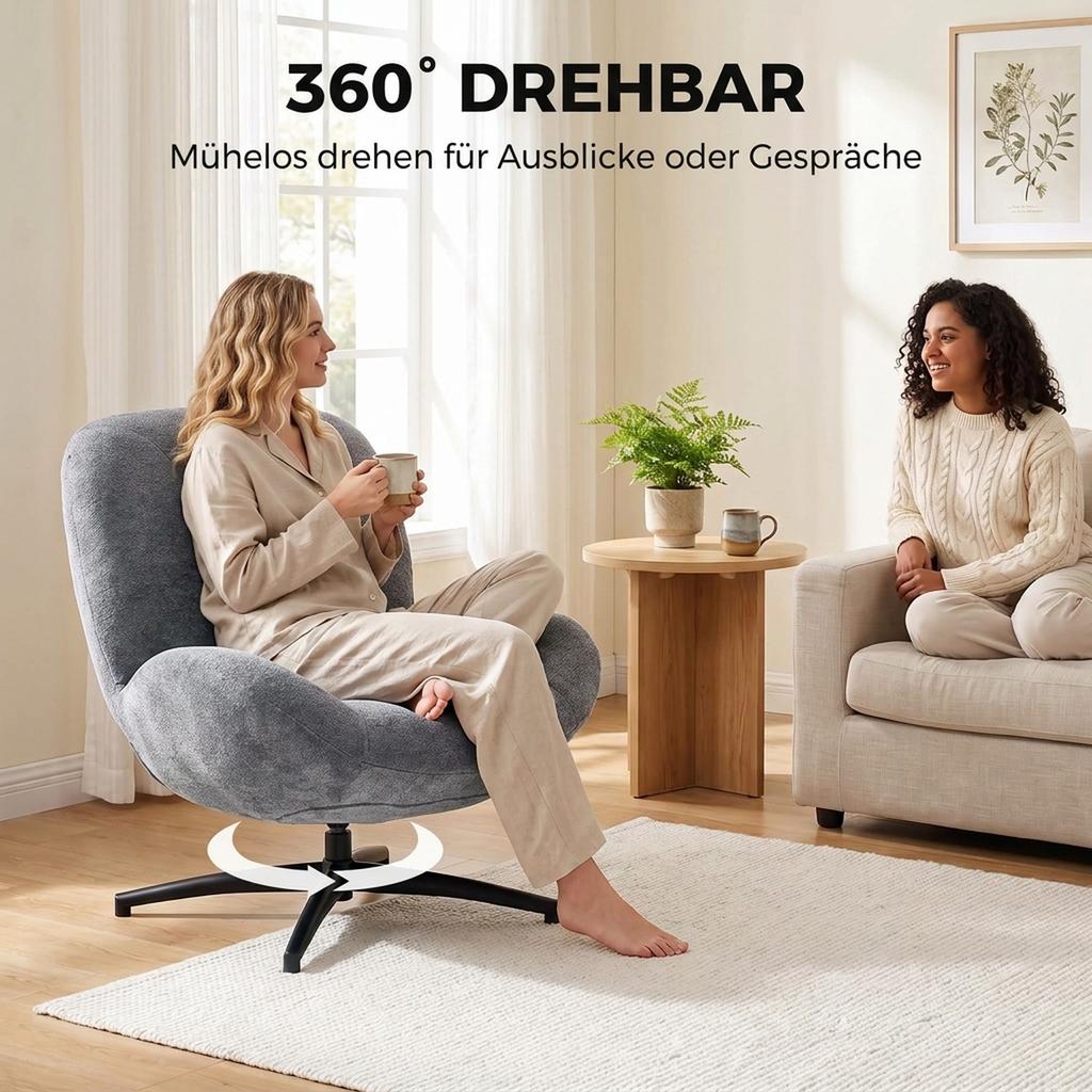 Living Room Swivel Lounge Chair With Wide Seat Integrated Armrest Chenille Look Dark Gray