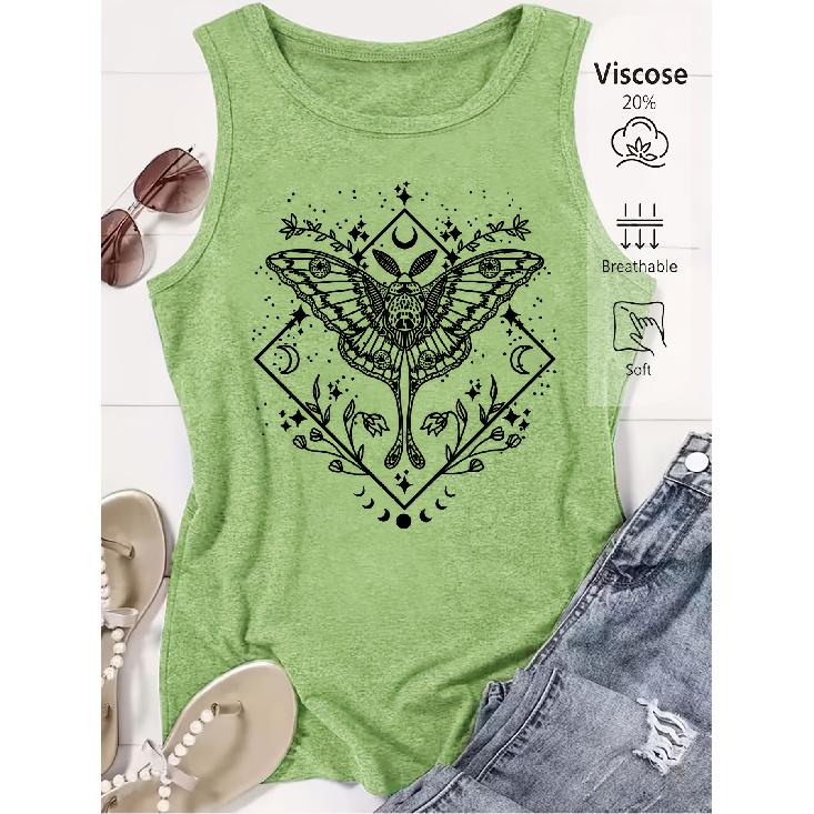 2026 New Geometric Moth Star Moon Print Round Neck Women Sleeveless Vest Soft Comfort Versatile Casual Summer Tank Top