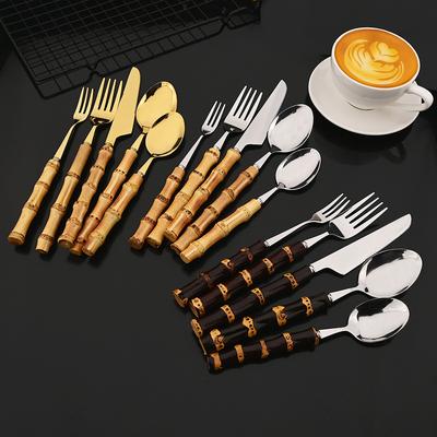 5Pcs Creative Home Bamboo Handle Dinnerware Cutlery Set Stainless Steel Tableware Steak Knives Fork Spoon Flatware Set For Home
