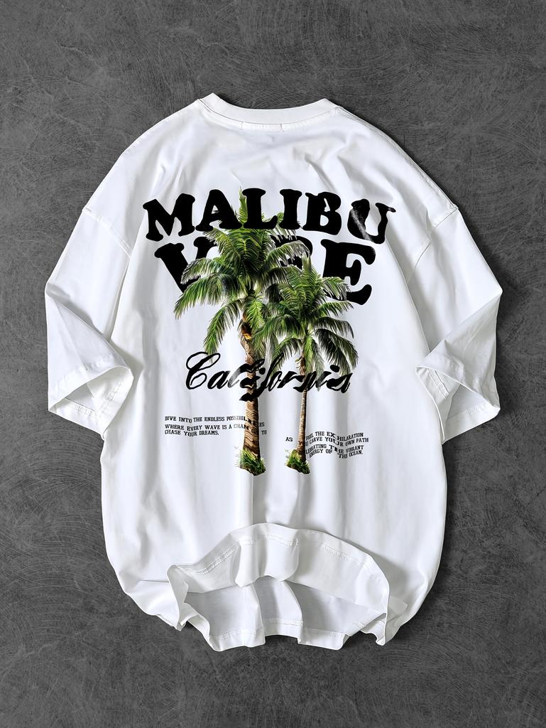 Lebhaftes Malibu Vibe T-Shirt mit Palmen- und Kalifornien-Schriftzug-Print auf Weiß 100% Baumwolle Unisex T-Shirt Sommer Freizeitkleidung