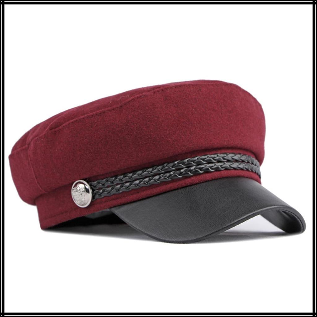 Marine Cap Wool Newsboy Hat Brim PU Leather Going Out Women Men CZ154 [White Fang] (Light Gray)