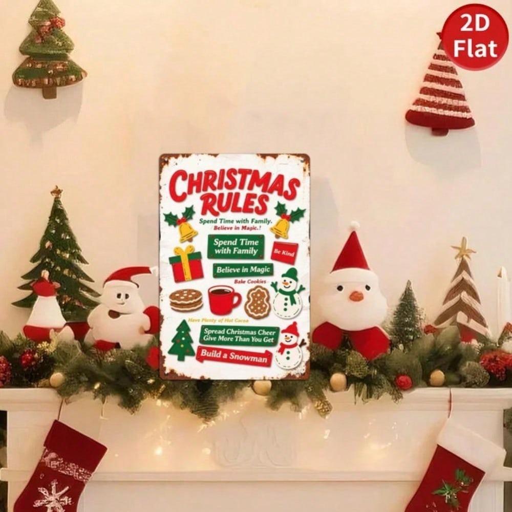 Vintage Christmas Rules Metal Tin Sign Holiday Home Wall Decor