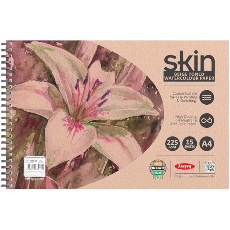 Anupam Skin Toned Watercolour Paper Wireo Book - Beige Toned - Cold Press Paper - 225 Gsm - 15 Sheets - A4
