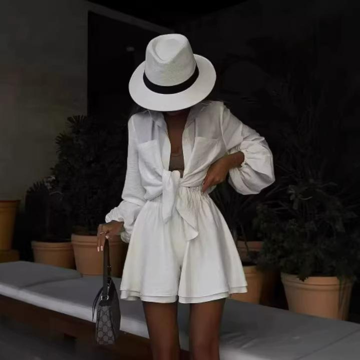 Damen Knopfleiste Puff Langarm Hemd Gerüscht Schicht-Shorts Lässiges 2-teiliges Outfit Set