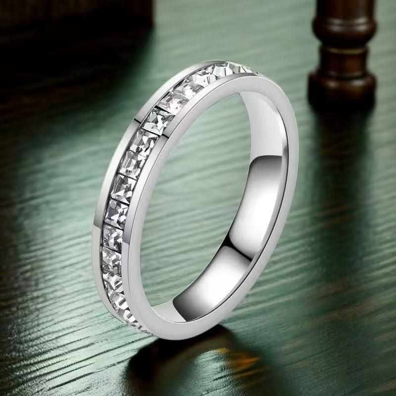 Stainless Steel Ring with Star-Inlaid Diamonds, Fade-Resistant, Titanium Finish
