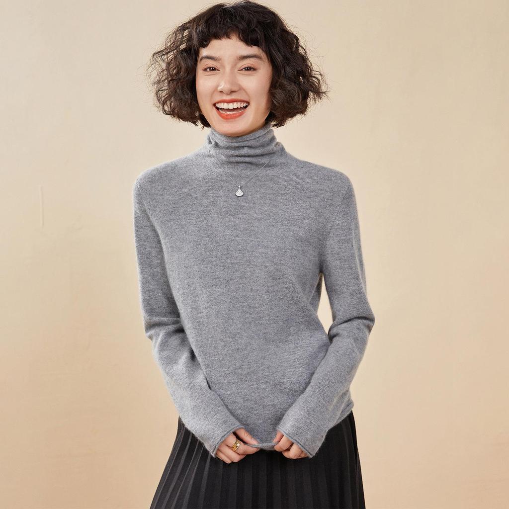 Women's Solid Color Cashmere High Neck Sweater - Loose Knit, Seamless Wool Base Layer