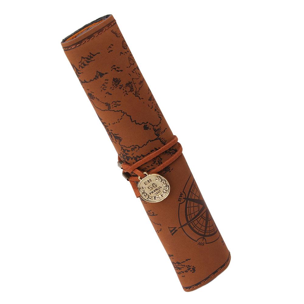 Fashion Luxury Treasure Map Roll Retro Cosmetic Make Up PU Bag Case Bag Purse Pouch Pen Pencil Case for School Leather