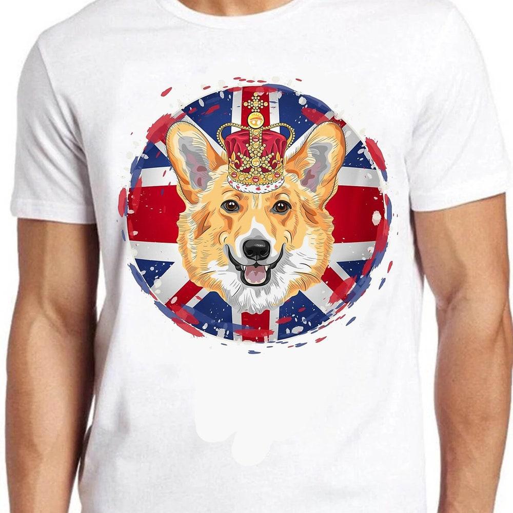 

Футболка из 100% хлопка 230GSM Платиновый юбилей Корги Корона Коронация Юнион Джек Флаг Мем Подарок Смешная футболка Стиль унисекс Геймер Культ Фильм Музыка Футболка XS белый