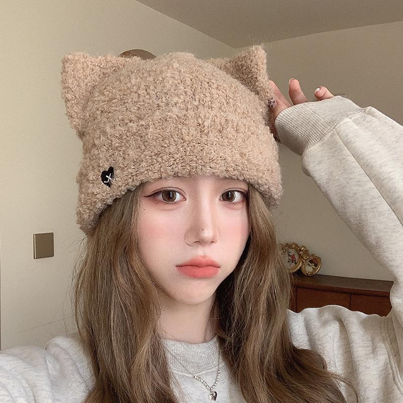 Cat Ears Warm Plush Knitted Beanies for Women Love Heart Embroidery Ear Warmer Cap Solid Color Windproof Pullover Hat Bonnet