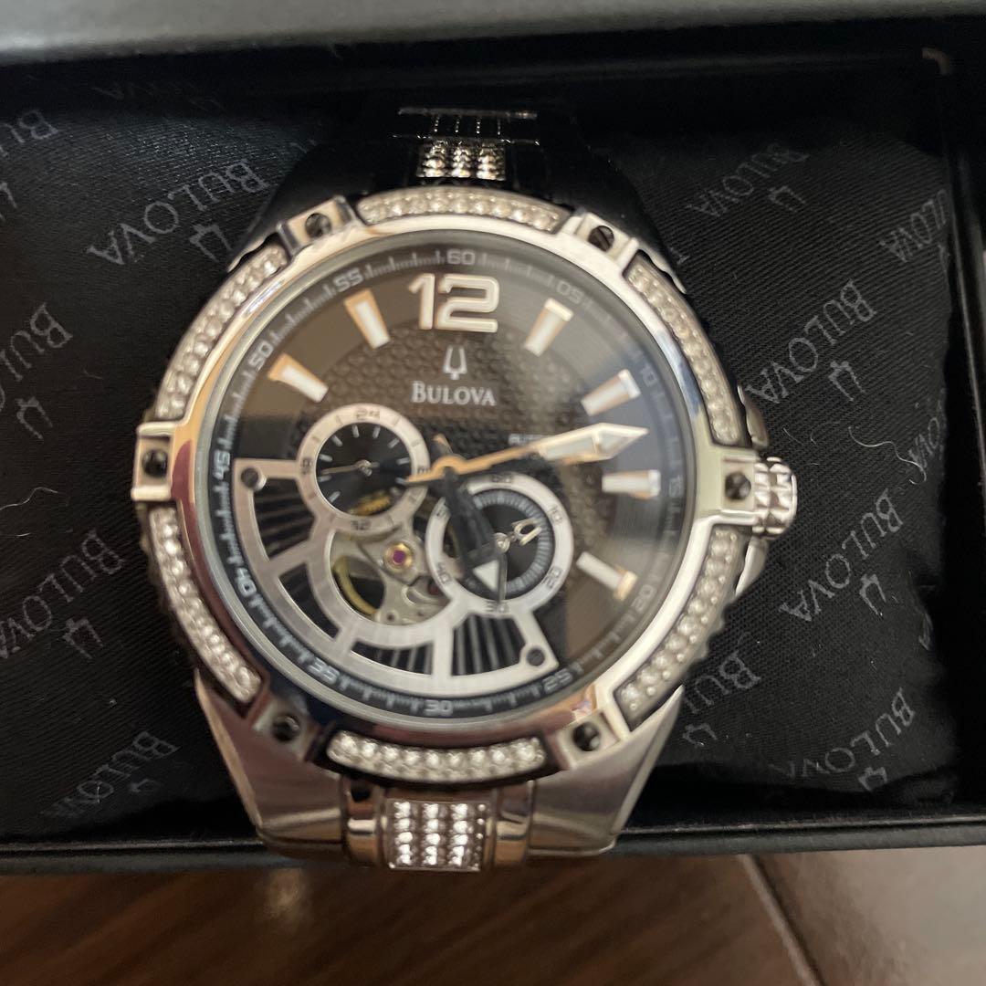 Used BULOVA automatic watch skeleton bezel stone 98A128