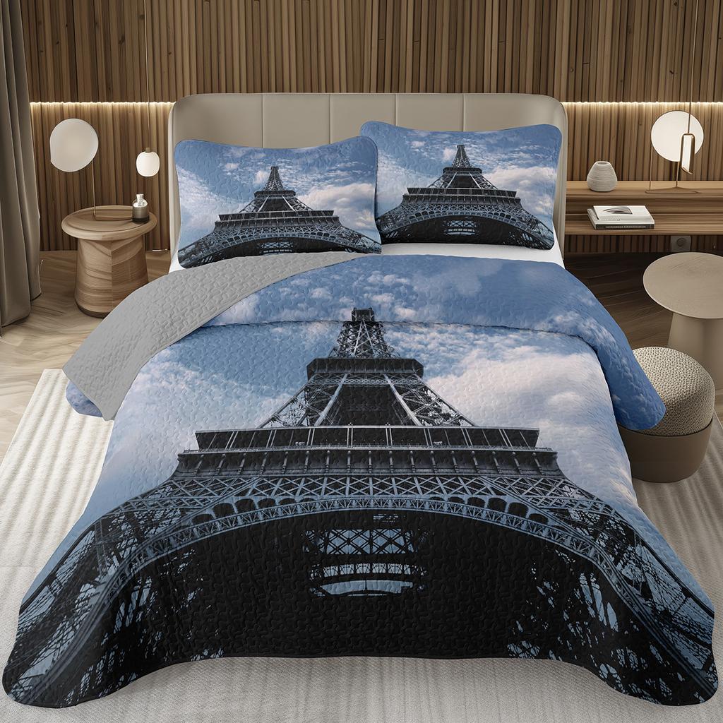 Eiffelturm Tagesdecke Vintage Paris Stadtlandschaft Quilt-Set Doppel-/Queen-Größe, Weiche Leichte Wendbare Tagesdecke für Mädchen Frauen
