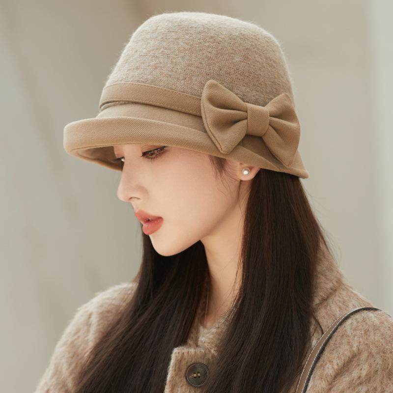 Hepburn Style Wool Felt Bucket Hat with Bow - Women s Elegant Spring/Autumn French Retro Top Hat One Size хаки