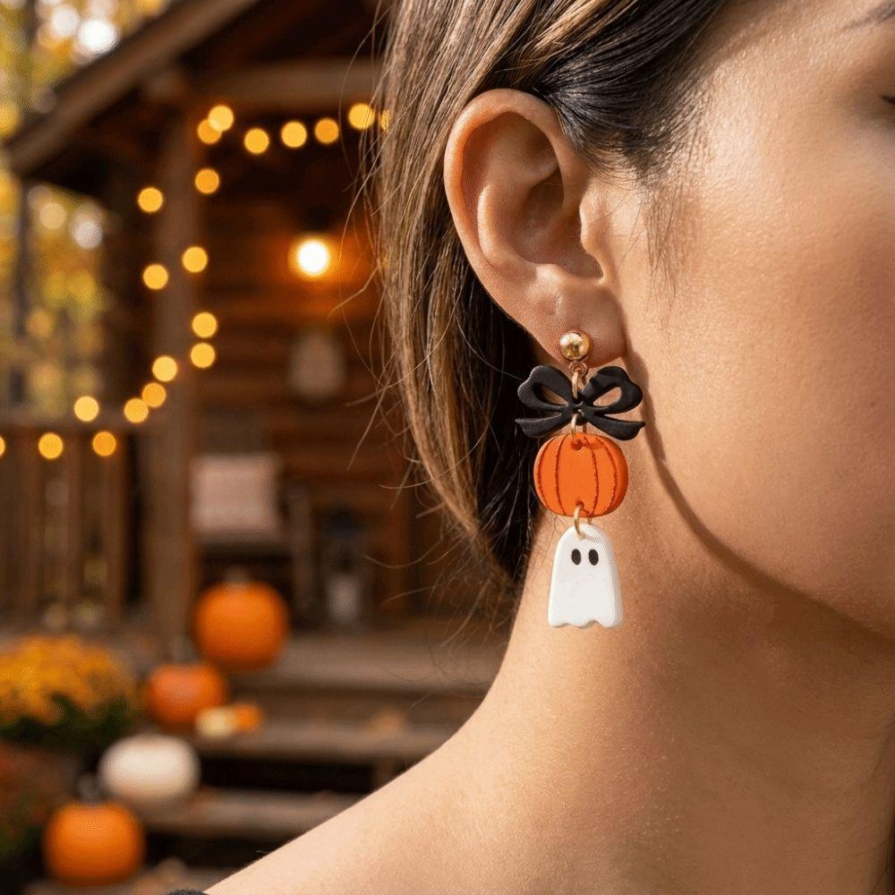 Acrylic Bow Ghost Pumpkin Earrings Spooky Charm Halloween Dangle Earrings Halloween Party