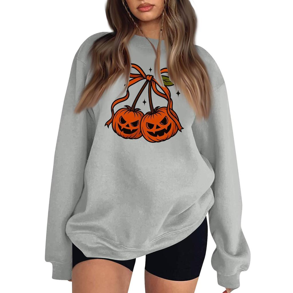 Women's Comfortable Round Neck Long Sleeve Sweatshirt Loose Fit Casual with Color and Halloween Print