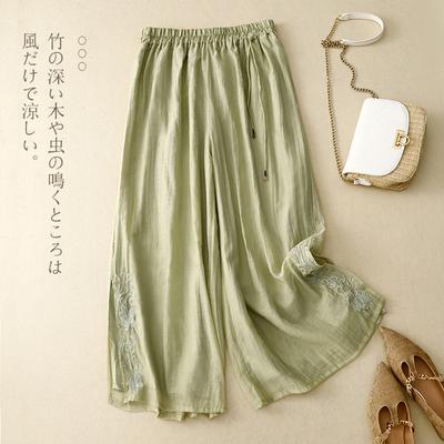 Bestickte Baumwoll- und Leinenhose mit weitem Bein für Damen, Saum mit Schlitz, literarisch, Retro, locker, lässig, Sommer 2025 neu, elastischer Bund