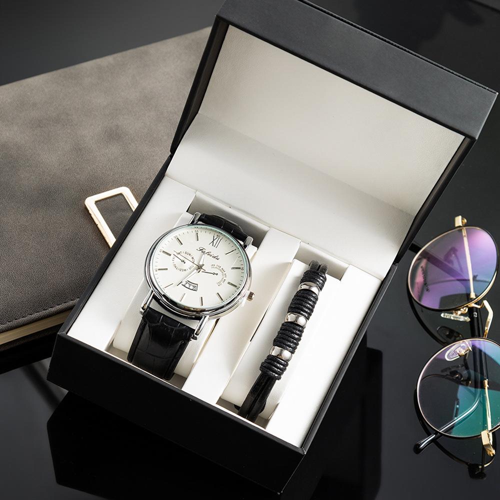 

Мужские часы в стиле минимализма и отдыха, комплект из 2 предметов + календарь в студенческом стиле, кварцевые часы с бусинами, браслет из воловьей кожи +