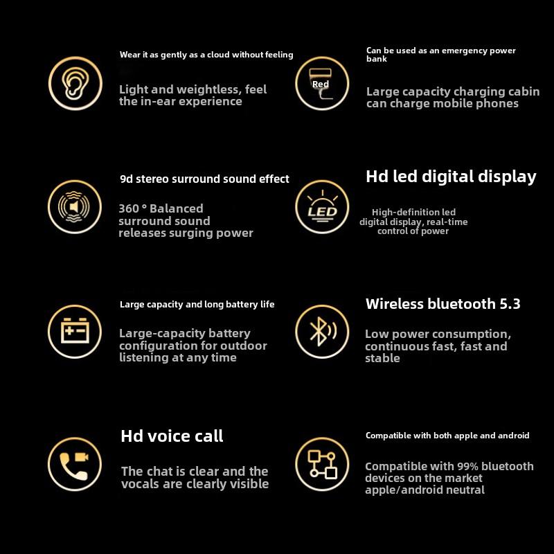 Mirror Digital Display Wireless Bluetooth Headphones In-ear Long Endurance Sports Headphones with Handle