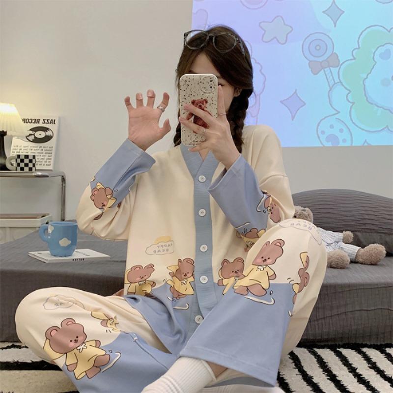 Women's Cardigan Plaid Top and Trousers, Pajamas, Loungewear, Casual, Cute, Cartoon Pajamas, Loungewear, Autumn and Winter
