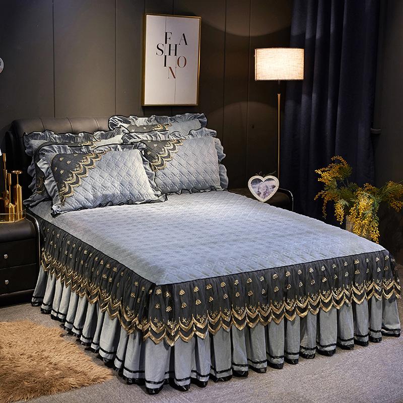European-style Crystal Velvet Quilted Bed Skirt Single Piece Autumn Winter Thickened Lace Bedspread Bed Cover Non-slip Sheets