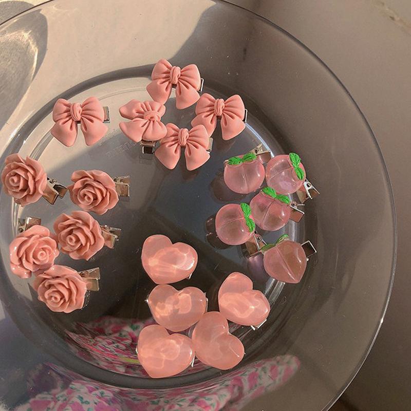 5Pcs So Cute Girls Pink Rose Flower Heart Bow Peach Mini Hairpin Set Sweet Hair
