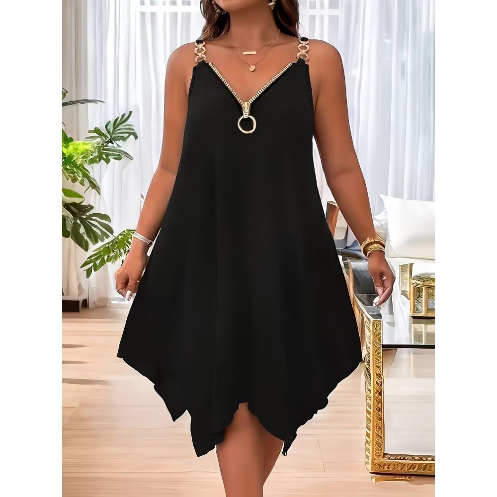 Women s V Neck Sleeveless Asymmetrical Hem Dress Loose Fit Plus Size Casual Tank Dress 1XL чёрный