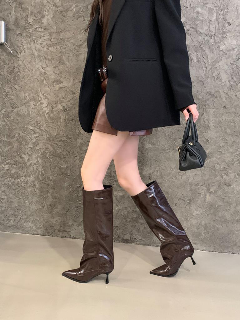 Feeling! Grey Patent Leather Pointed-tipped Pleated Boots Female Spice Girl Style Fine-heeled High-heeled But Knee-high-heeled Knight Boots